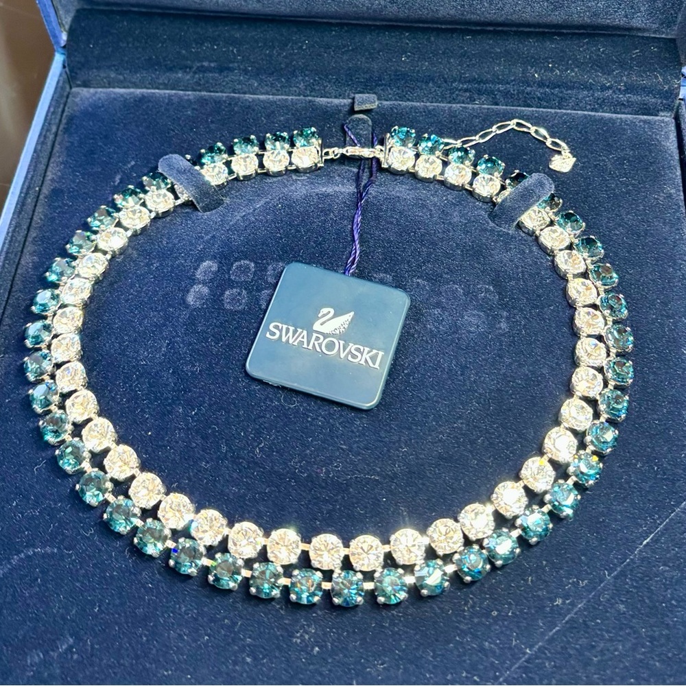 Swarovski Teal and Clear Crystal Double-Row Necklace